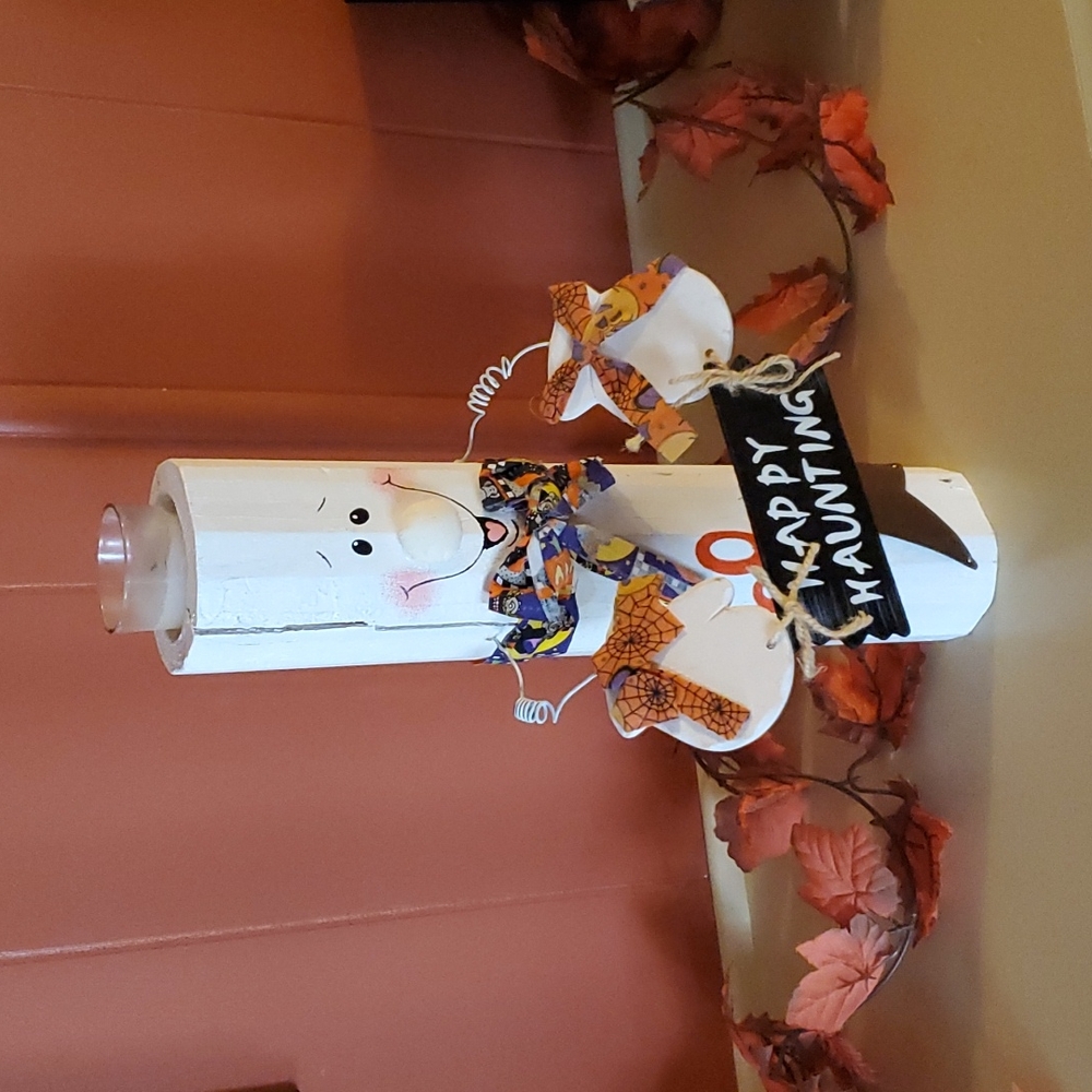 Mid 1990s Hand Painted Wood Log Ghost Candle Holder